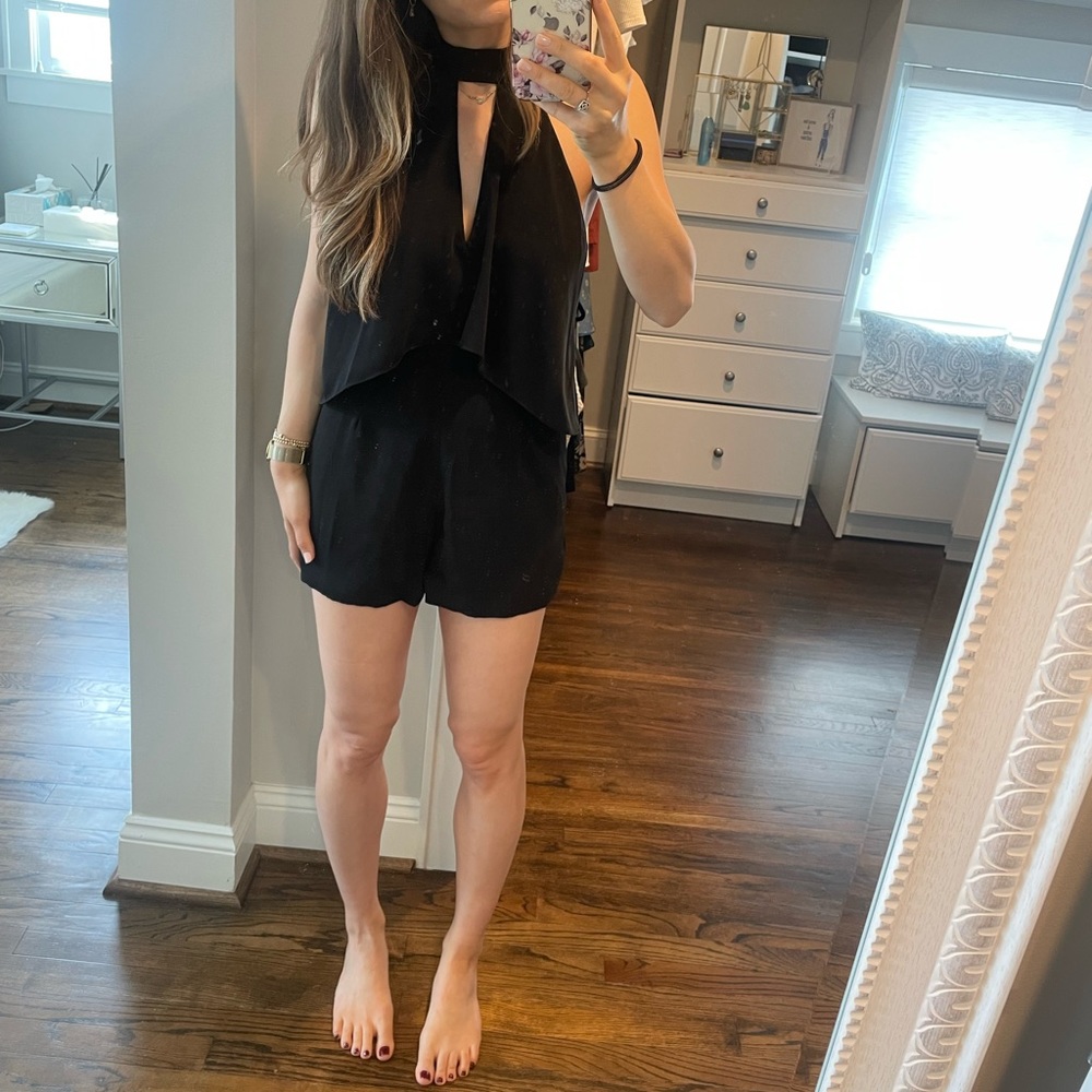 Black backless halter shorts romper with choker neck detail and front keyhole-M